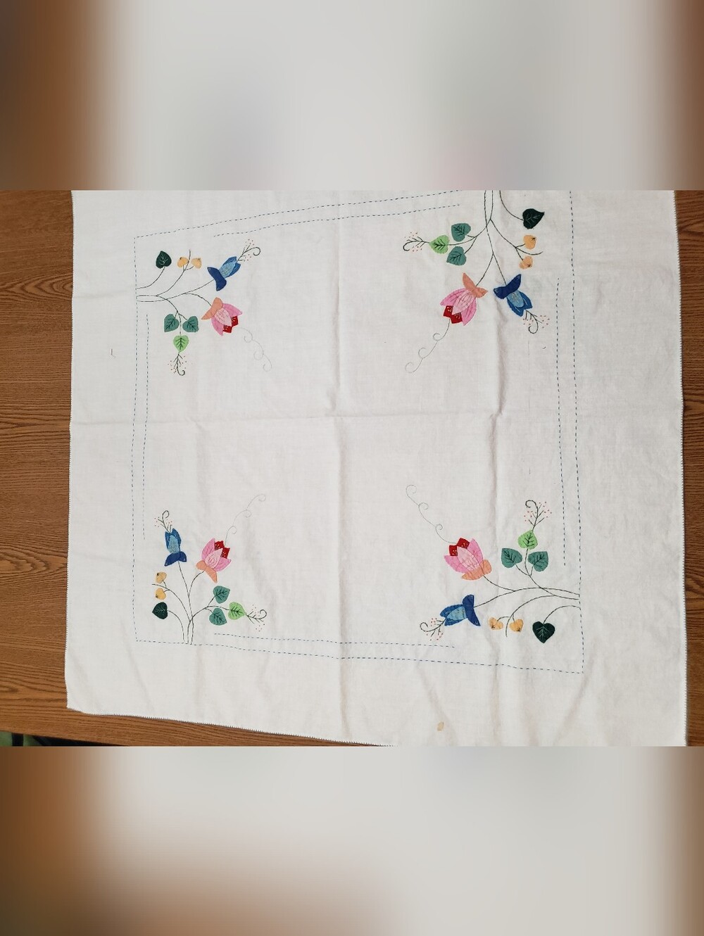 Appliqued Floral Tablecloth - White with Multicolor Floral Accents